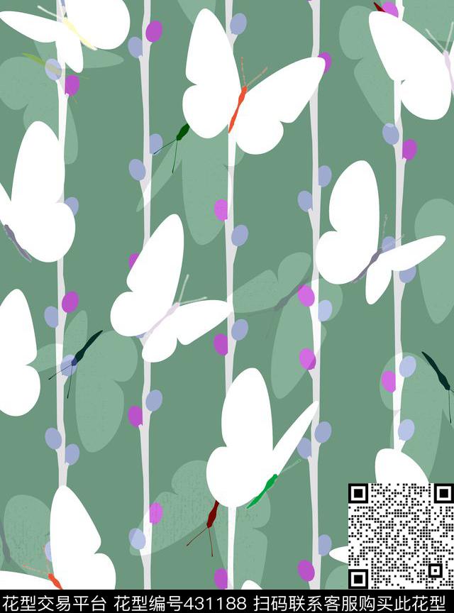 树藤上的抽象蝴蝶童装花型 - 431188 - 树 蝴蝶 童装花型 - 传统印花花型 － 女装花型设计 － 瓦栏