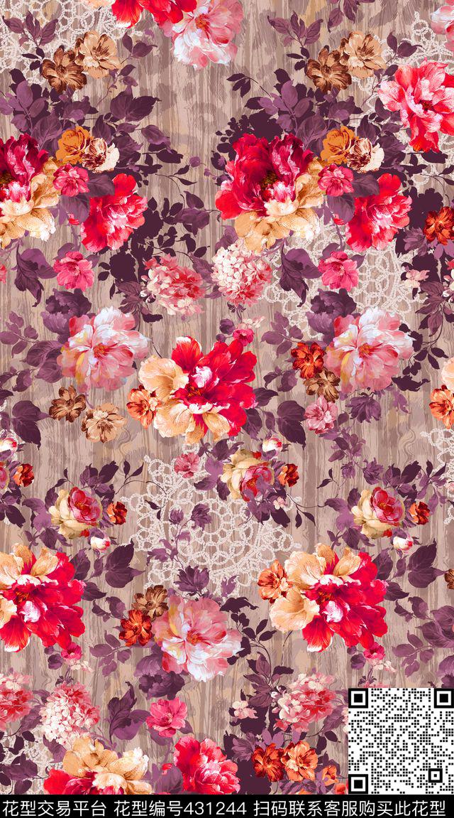 花卉 欧式复古 蕾丝 - 431244 - 花卉 欧式复古 蕾丝 - 传统印花花型 － 女装花型设计 － 瓦栏