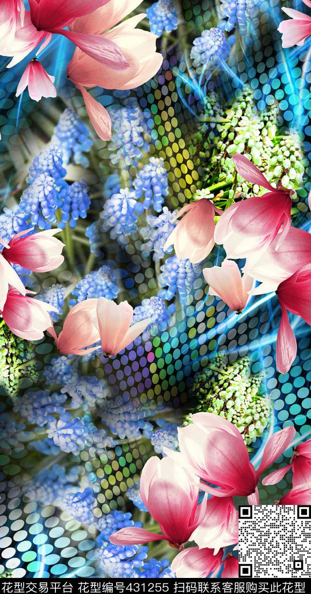 炫彩波点花卉数码花型 - 431255 - 炫彩波点花卉 波点 花卉 时尚花卉 - 数码印花花型 － 女装花型设计 － 瓦栏