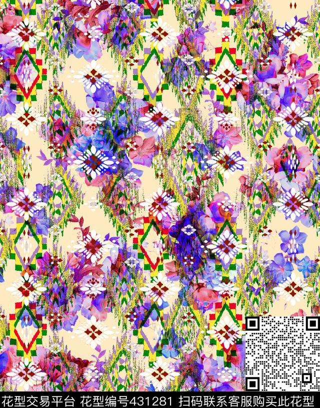 几何清新水彩花卉 钉珠 - 431281 - 清新花卉 几何花卉经典组合 几何清新水彩花卉 钉珠 - 数码印花花型 － 女装花型设计 － 瓦栏