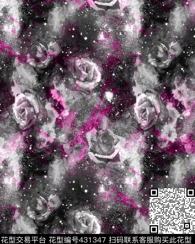 星空花卉 抽象笔刷纹理 - 431347 - 时尚潮流 抽象 星空花卉 - 数码印花花型 － 男装花型设计 － 瓦栏
