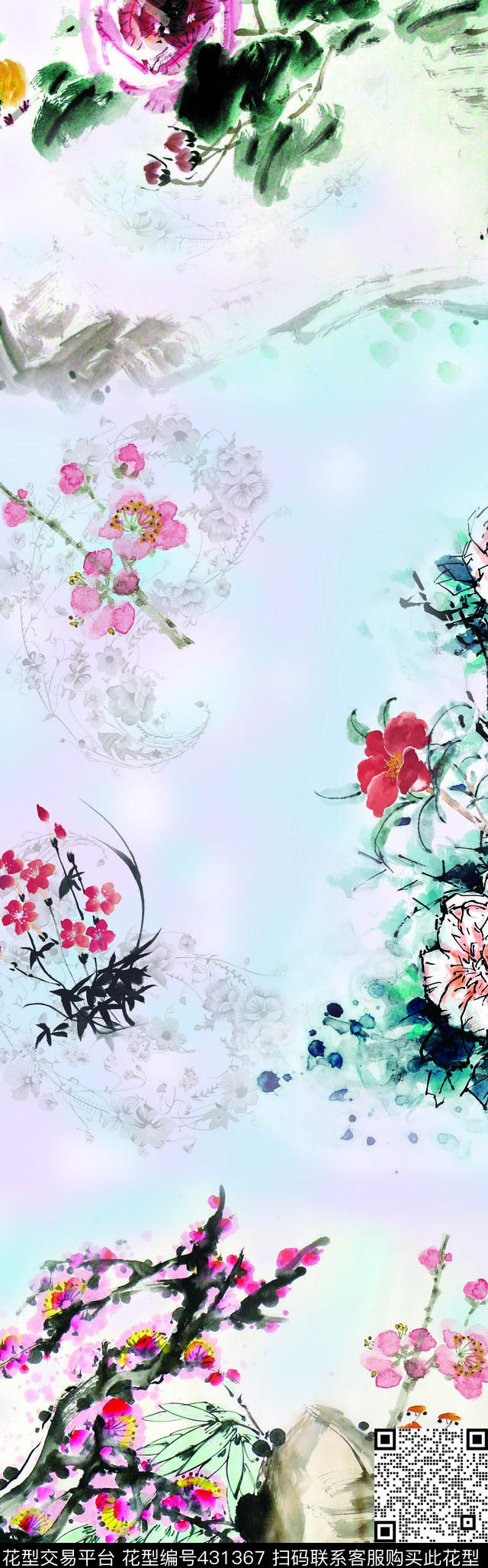 手绘梅花长巾 - 431367 - 时尚 花卉 综合色 - 数码印花花型 － 长巾花型设计 － 瓦栏