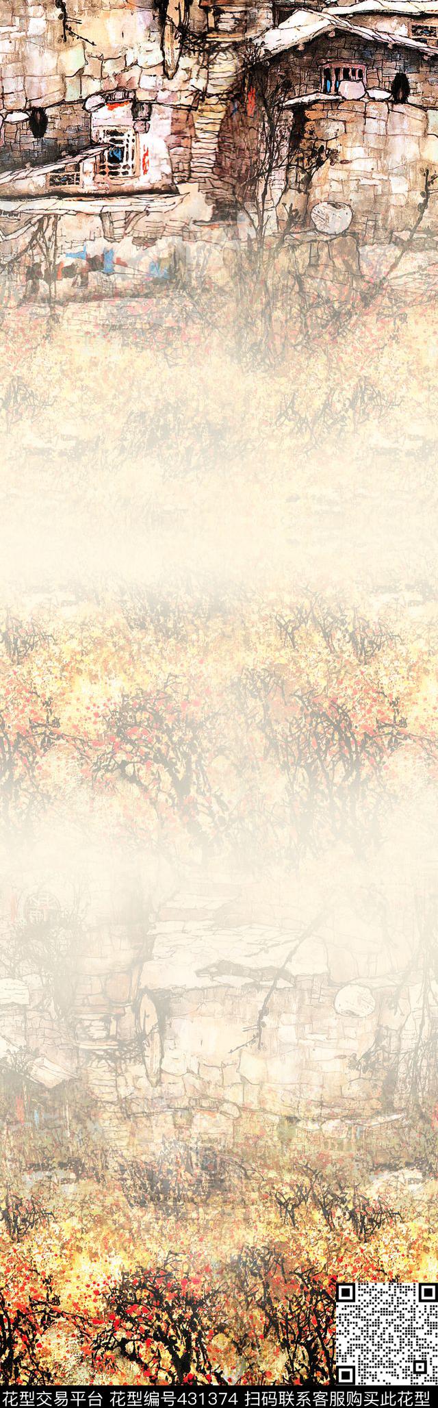秋季丝巾 - 431374 - 房屋 田野 时尚 - 数码印花花型 － 长巾花型设计 － 瓦栏