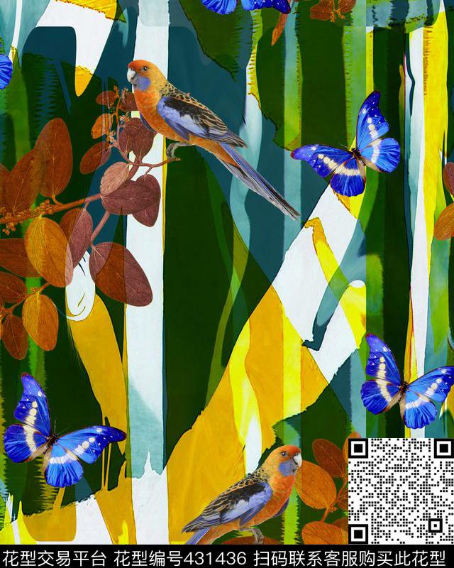 热带自然时尚动物面料 - 431436 - 鸟、蝴蝶 树叶 自然写意 - 数码印花花型 － 女装花型设计 － 瓦栏