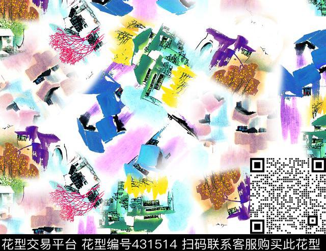 中国风抽象水墨色彩房子数码印花 - 431514 - 抽象水墨 色彩房子 水彩画 - 数码印花花型 － 女装花型设计 － 瓦栏