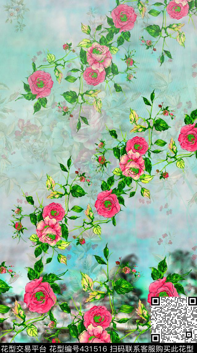 手绘玫瑰中国风旗袍女 - 431516 - 中国风 手绘玫瑰 水墨 - 数码印花花型 － 女装花型设计 － 瓦栏