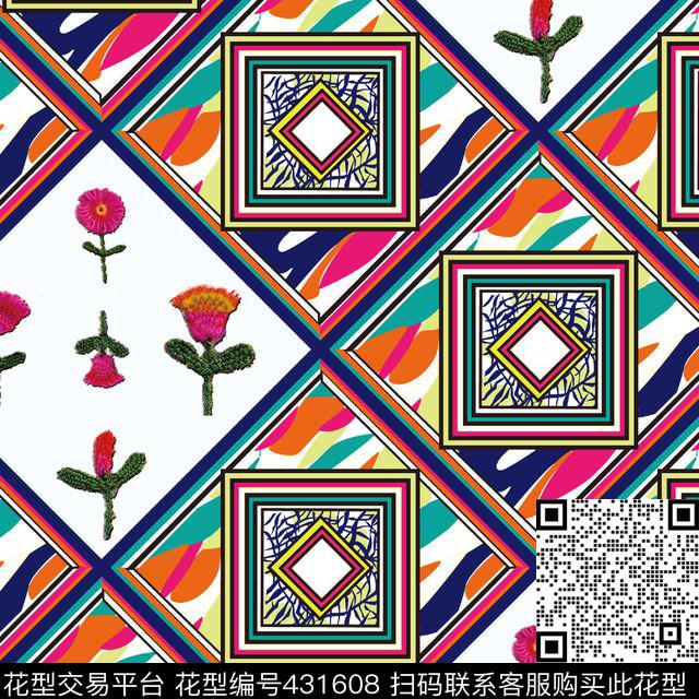 几何花卉 - 431608 - 时尚 几何图形 绣花 玫瑰 - 数码印花花型 － 女装花型设计 － 瓦栏