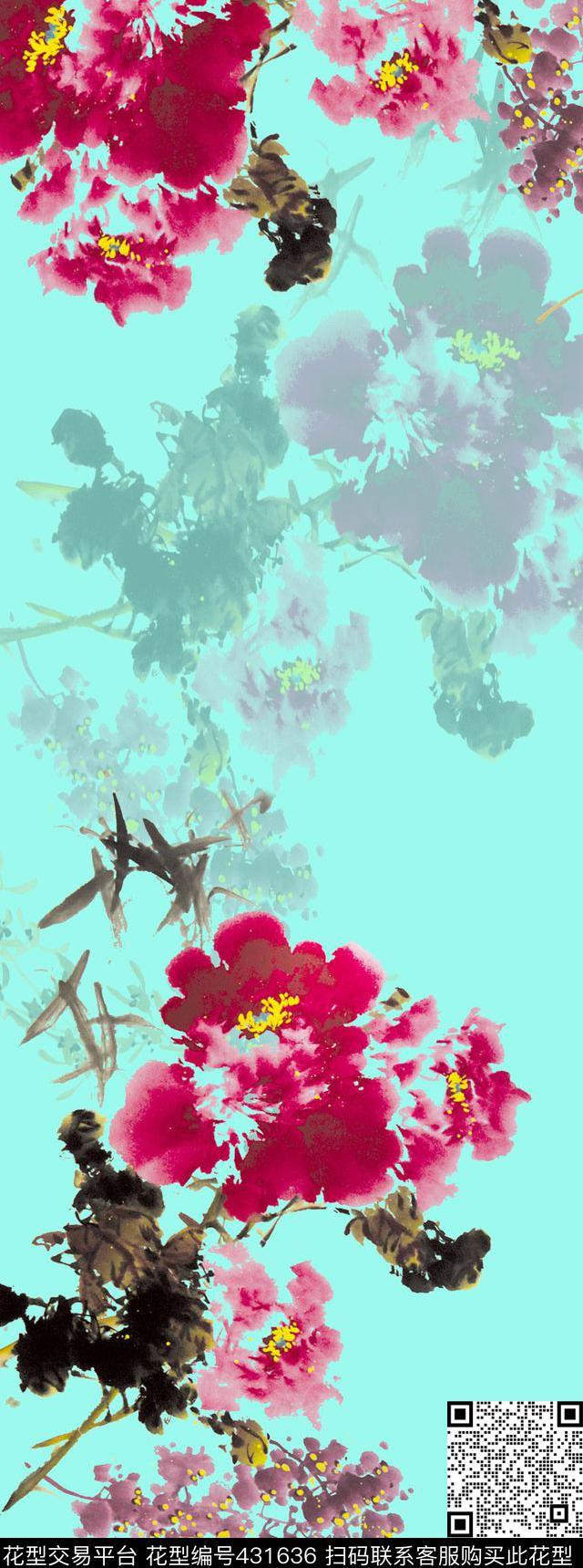 中国风写意水墨花卉图 - 431636 - 水墨风 花卉 围巾 - 传统印花花型 － 长巾花型设计 － 瓦栏