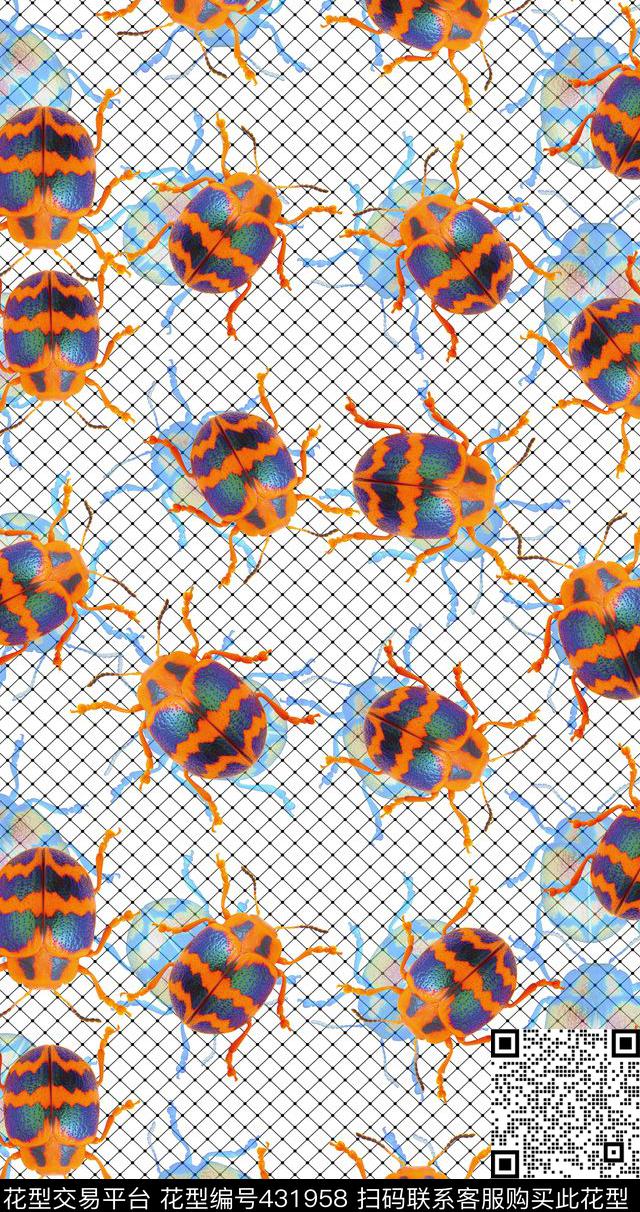 个性男装网格昆虫数码印花 - 431958 - 甲虫 昆虫 流行时尚 - 数码印花花型 － 女装花型设计 － 瓦栏