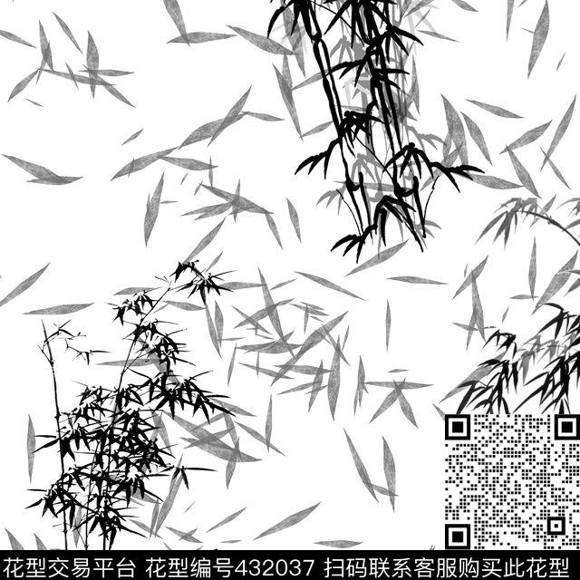 中国风水墨竹 - 432037 - 时尚黑白配 中国风 竹子 - 数码印花花型 － 其他花型设计 － 瓦栏