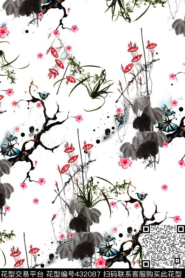 花枝招展 - 432087 - 蝴蝶 喇叭花 兰草 - 数码印花花型 － 女装花型设计 － 瓦栏