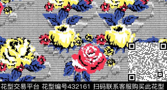 马赛克花 - 432161 - 马赛克 花卉 几何 针织纹 方格 现代 流行 热带 - 传统印花花型 － 床品花型设计 － 瓦栏