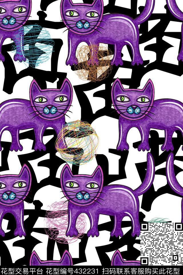 可爱萌宠猫咪趣味潮牌花型 - 432231 - 可爱 猫 萌宠 - 数码印花花型 － 女装花型设计 － 瓦栏