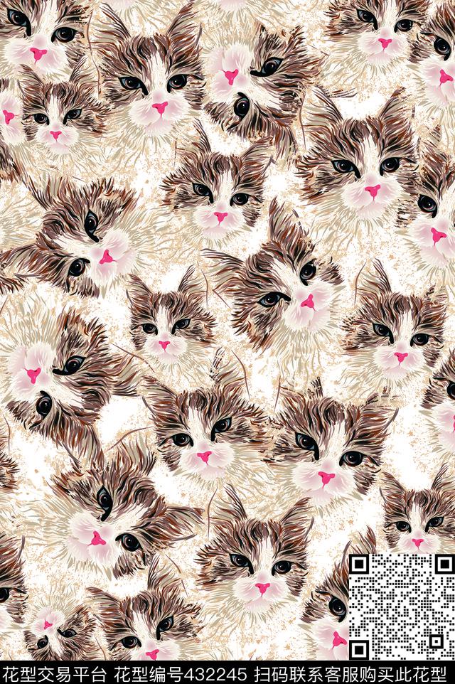 可爱猫咪图案 - 432245 - 韩版图案 满版猫咪 嘻哈 - 数码印花花型 － 女装花型设计 － 瓦栏