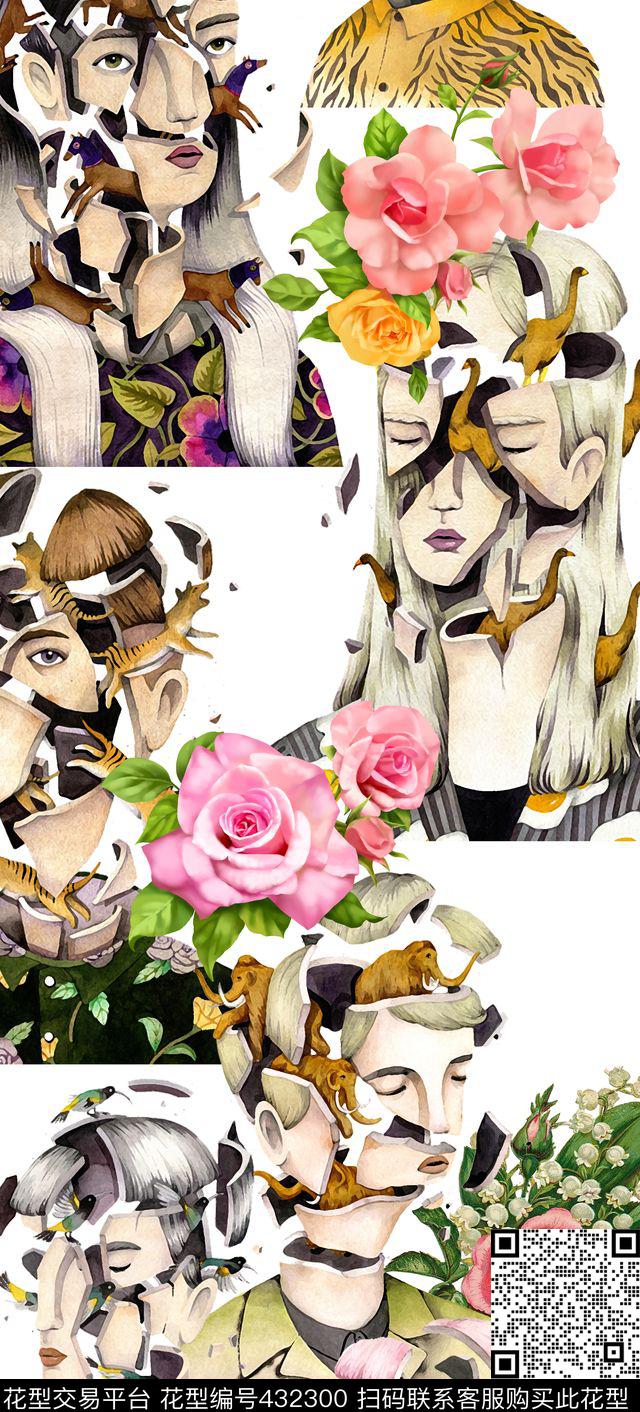 个性分裂头像插画小动物花卉组合印花 - 432300 - 个性手绘 花卉 人物 - 数码印花花型 － 女装花型设计 － 瓦栏