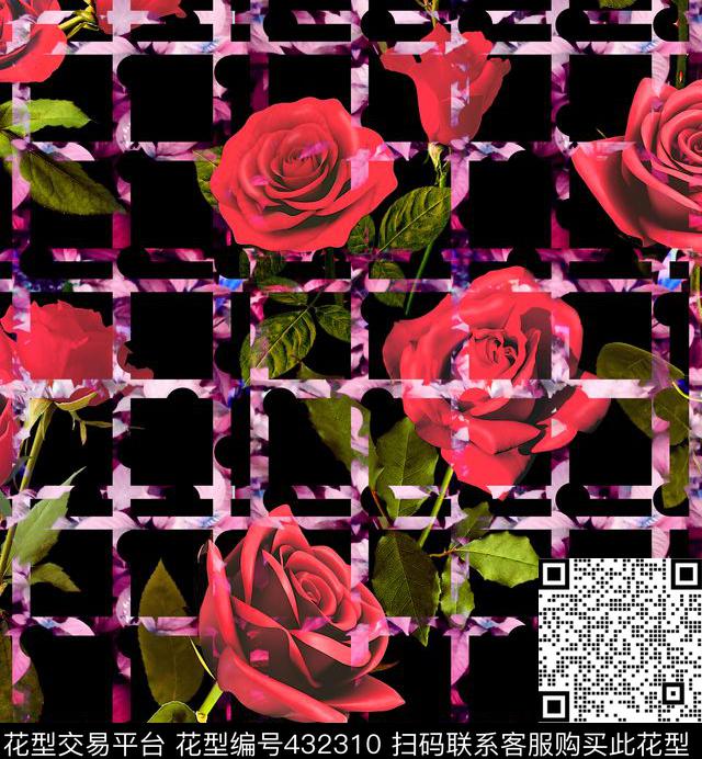 波点条格 玫瑰花 - 432310 - 玫瑰花 条格 波点 叠加 神秘 女性化 复古 古典 - 数码印花花型 － 女装花型设计 － 瓦栏