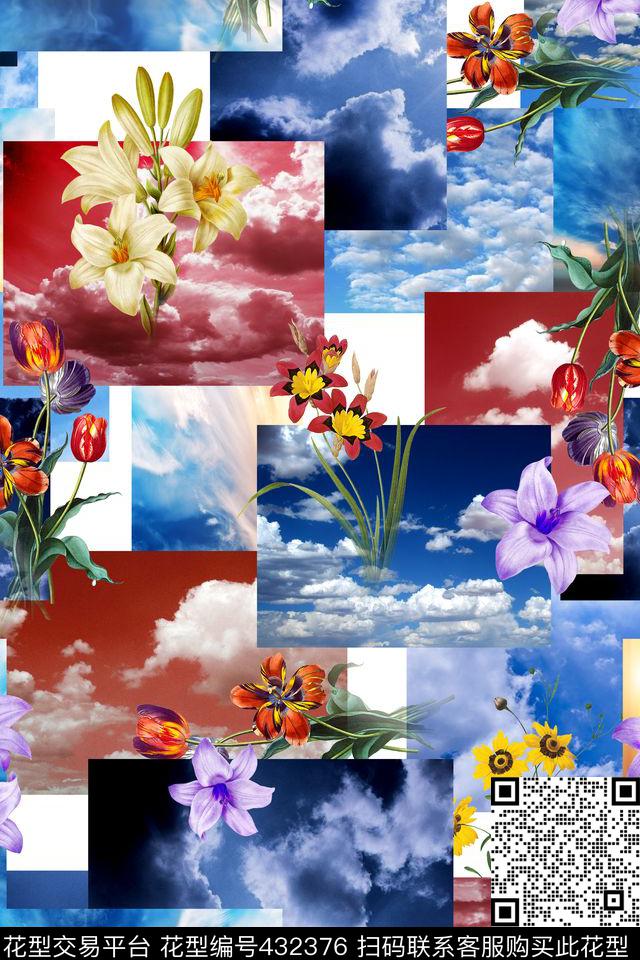 蓝天白云植物花卉 - 432376 - 蓝天白云 植物花卉 时尚拼接渐变 - 数码印花花型 － 女装花型设计 － 瓦栏