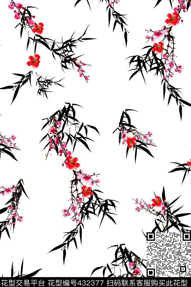 中国风水墨梅竹系 - 432377 - 水墨 中国风 竹梅 - 数码印花花型 － 女装花型设计 － 瓦栏