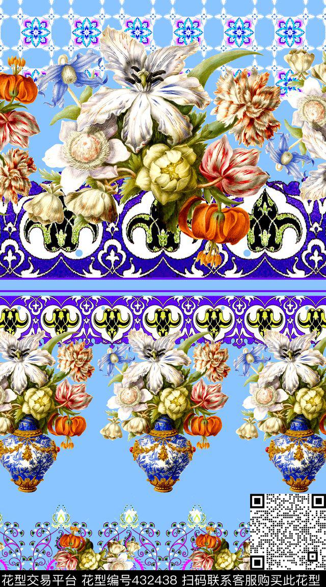 时尚花卉几何条纹花瓶 - 432438 - 花卉 花瓶 几何条纹 - 数码印花花型 － 女装花型设计 － 瓦栏