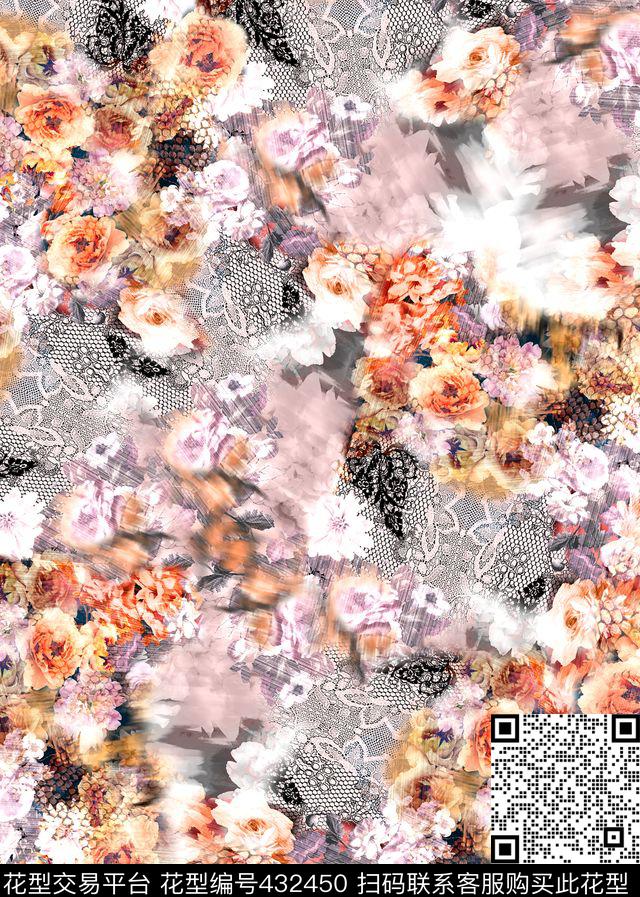 时尚抽象蕾丝花卉 - 432450 - 抽象蕾丝花卉 蕾丝 花卉 时尚花卉 - 数码印花花型 － 女装花型设计 － 瓦栏
