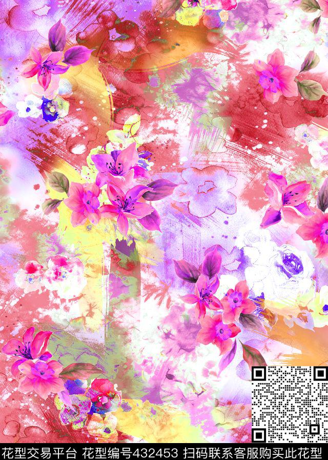 时尚抽象紫色花卉 - 432453 - 时尚抽象花卉 抽象紫色花卉 时尚花卉 - 数码印花花型 － 女装花型设计 － 瓦栏