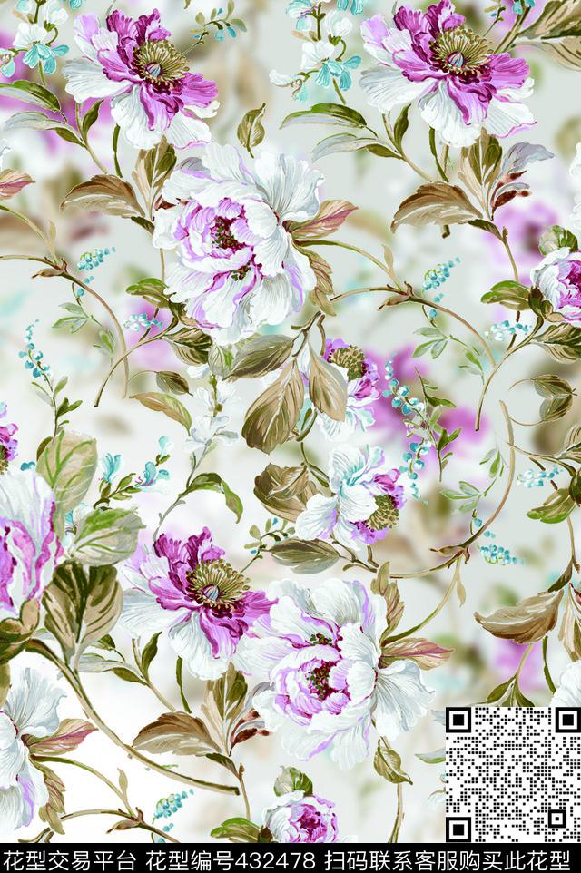 缠枝花卉，满版花型，清晰雅致沙发布，家纺面料 - 432478 - 大花型 干净 花卉 花卉 - 数码印花花型 － 床品花型设计 － 瓦栏