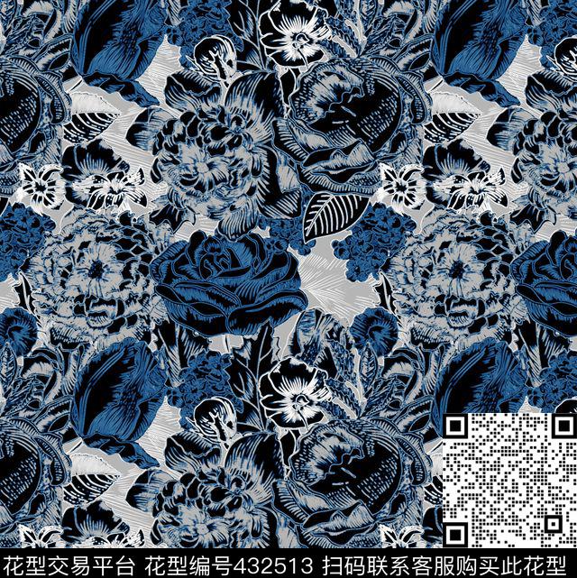花 印染 蓝色 四方连续 - 432513 - 残缺 破损 花 花卉艺术 - 传统印花花型 － 女装花型设计 － 瓦栏