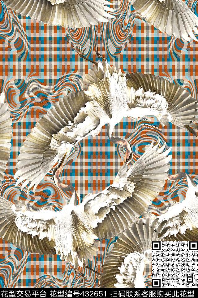 仙鹤和格子布 - 432651 - 仙鹤 格子布 组合 - 数码印花花型 － 女装花型设计 － 瓦栏