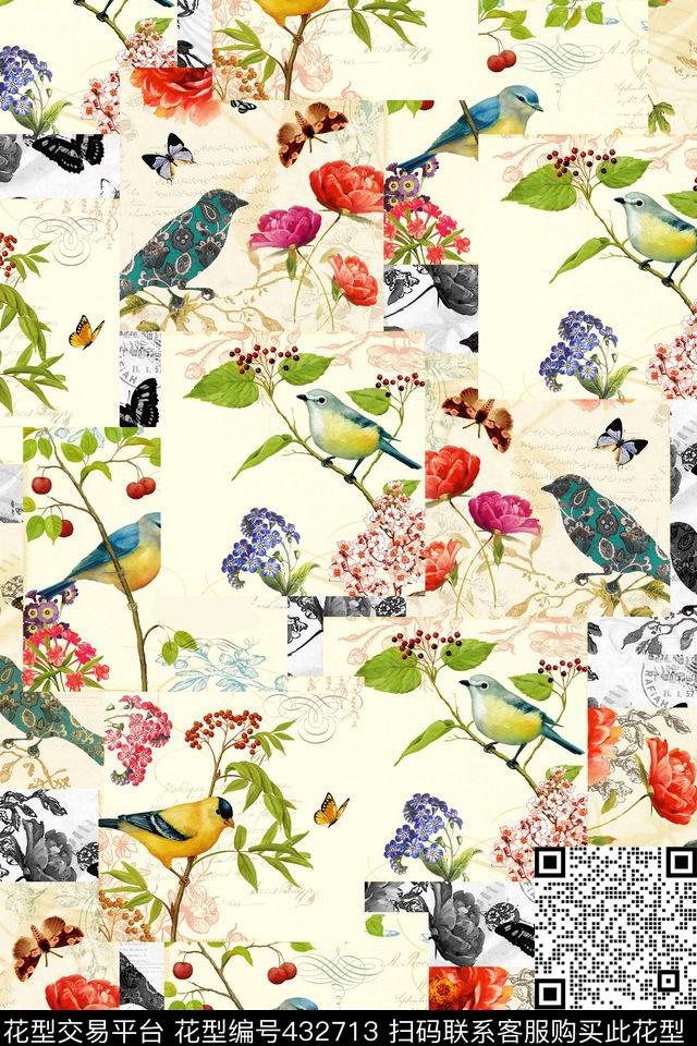 欧式花鸟拼接 - 432713 - 欧式花鸟 明信片图案 时尚拼接组合 - 数码印花花型 － 女装花型设计 － 瓦栏
