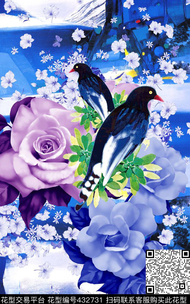 定位花蓝色调花鸟抽象色块组合 - 432731 - 抽象色块 定位 花鸟 - 数码印花花型 － 女装花型设计 － 瓦栏