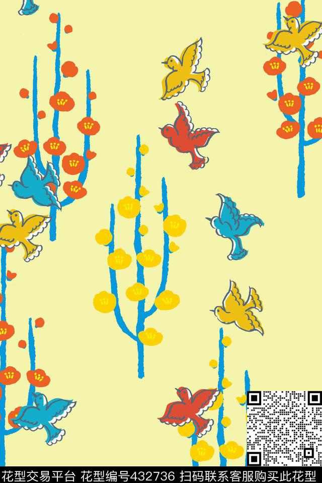 梅花与小鸟清新流行花型 - 432736 - 动物 花卉 流行 - 传统印花花型 － 女装花型设计 － 瓦栏