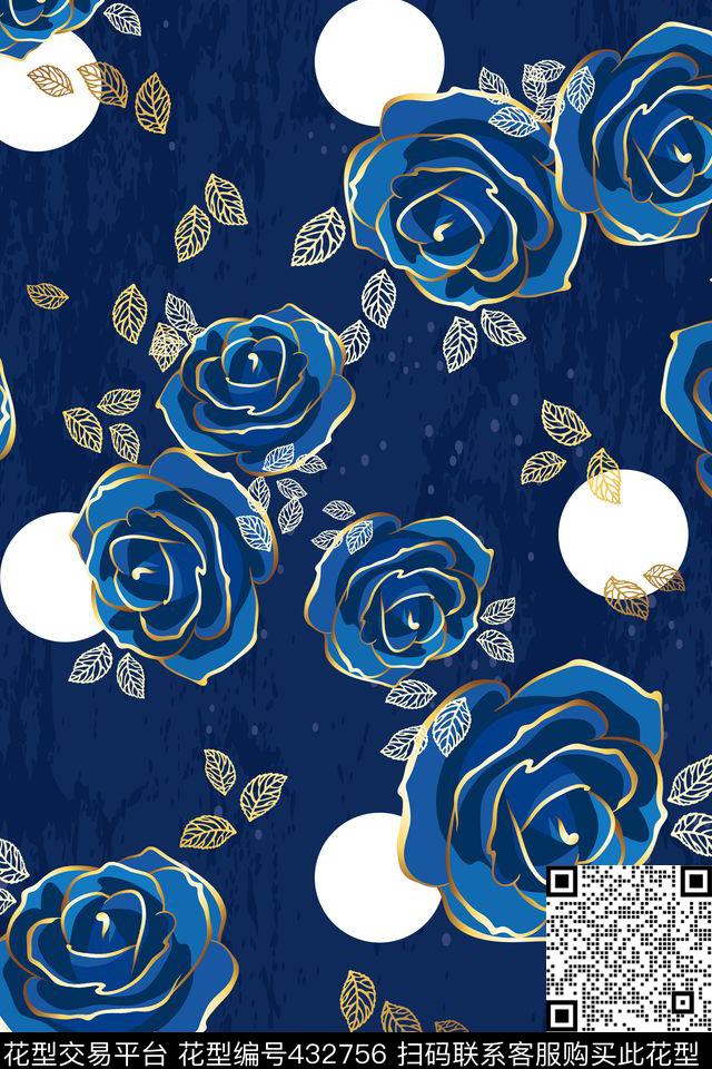 浪漫蓝色妖姬玫瑰花卉金色优雅 - 432756 - 金色 浪漫 玫瑰 - 传统印花花型 － 女装花型设计 － 瓦栏