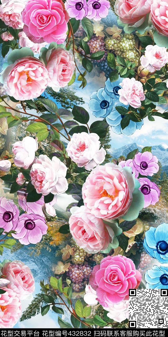 素雅柔美天空蓝玫瑰花卉 - 432832 - 清爽 玫瑰花卉 风景天空 - 数码印花花型 － 女装花型设计 － 瓦栏