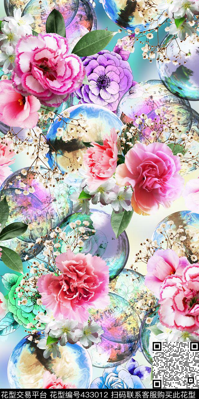 泡泡带花 - 433012 - 满版花型 花卉 水泡泡 - 数码印花花型 － 女装花型设计 － 瓦栏