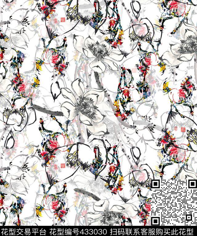 中国风水墨简笔荷花抽象水彩色块马组合印花 - 433030 - 抽象水彩 动物 荷花 - 数码印花花型 － 女装花型设计 － 瓦栏