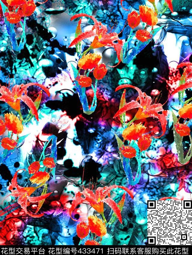 时尚抽象水彩底纹百合花卉 - 433471 - 数码花型 抽象水彩底纹 百合花 - 数码印花花型 － 女装花型设计 － 瓦栏