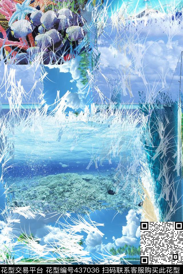 清新海洋生物海星蓝天唯美春夏花型 - 437036 - 潮流 清新 海洋 - 数码印花花型 － 女装花型设计 － 瓦栏