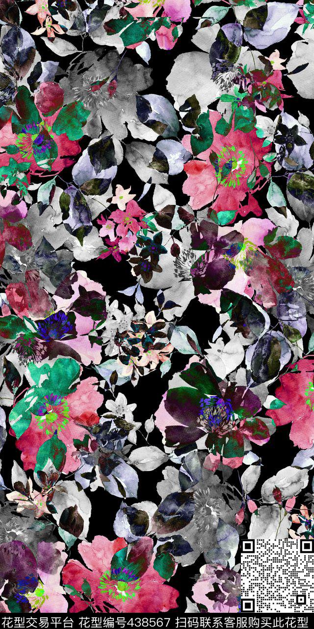 花卉几何拼接 - 438567 - 几何拼接 手绘花卉 隐花底纹 - 数码印花花型 － 女装花型设计 － 瓦栏