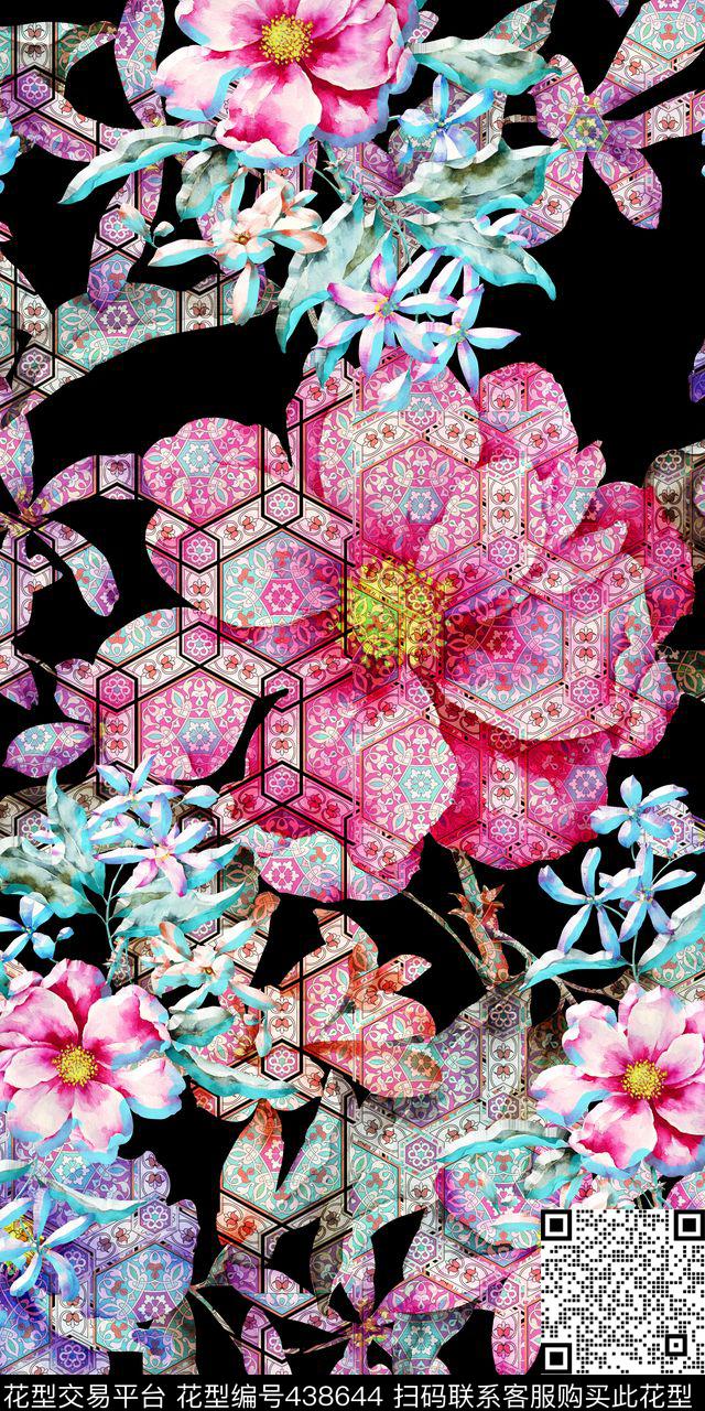手绘花卉几何叠加 - 438644 - 春夏风格 手绘花卉 几何叠加底纹 - 数码印花花型 － 女装花型设计 － 瓦栏