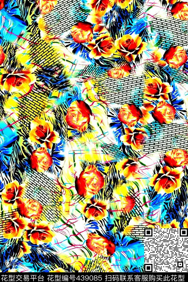 拼接组合纹路花卉 - 439085 - 数码花型 拼接 几何 线条 抽象 数码纸印花花型 - 数码印花花型 － 女装花型设计 － 瓦栏