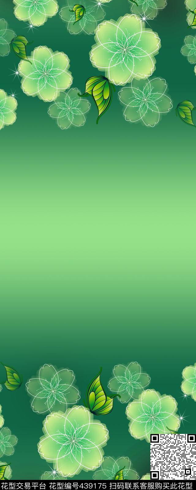 写意幽绿色双边定位花旗袍 - 439175 - 中东 写意 花 - 传统印花花型 － 女装花型设计 － 瓦栏