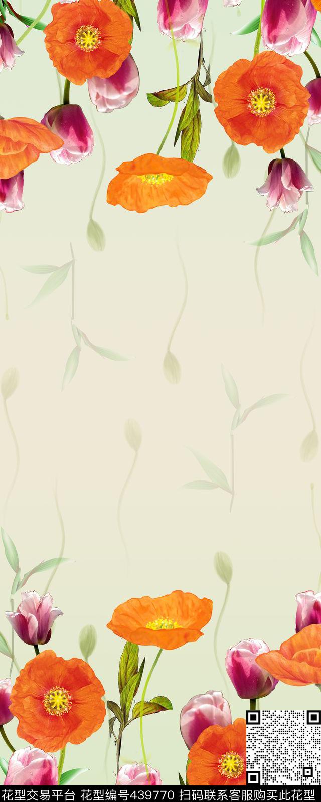罂粟郁金香花集双边定位 - 439770 - 欧式 罂粟 郁金香 - 数码印花花型 － 女装花型设计 － 瓦栏
