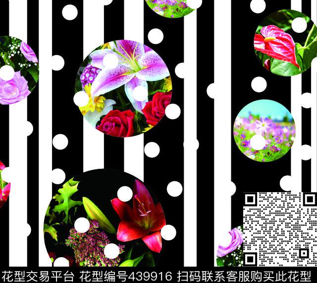 花与圆点和线条的艺术 - 439916 - 花 圆点 线条 - 数码印花花型 － 女装花型设计 － 瓦栏