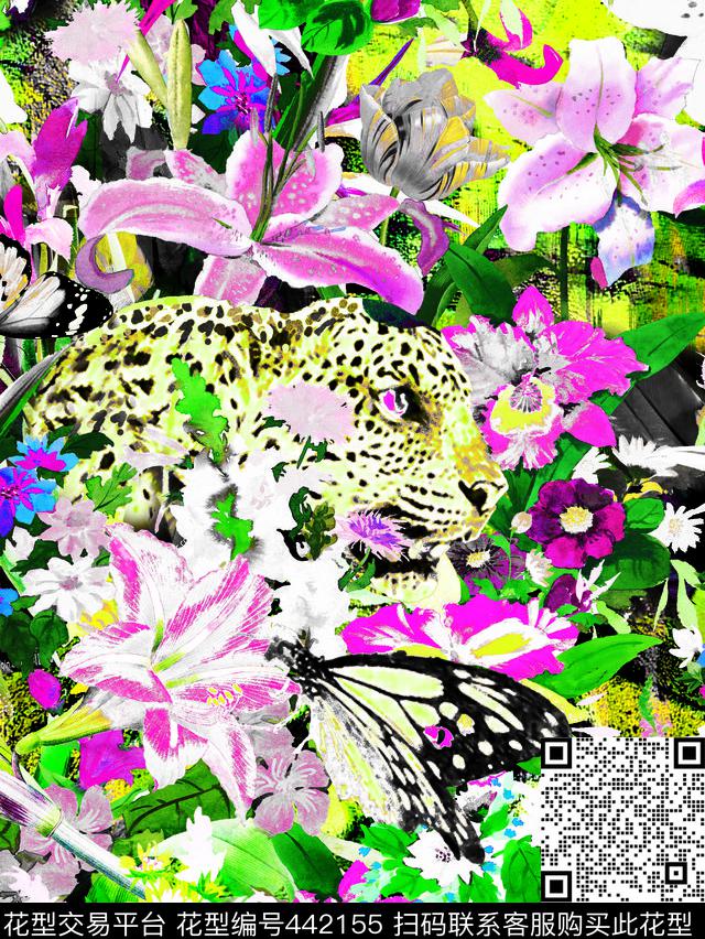 热带雨林的故事-潜伏的豹子 - 442155 - 动物 花卉 热带雨林 - 数码印花花型 － 女装花型设计 － 瓦栏