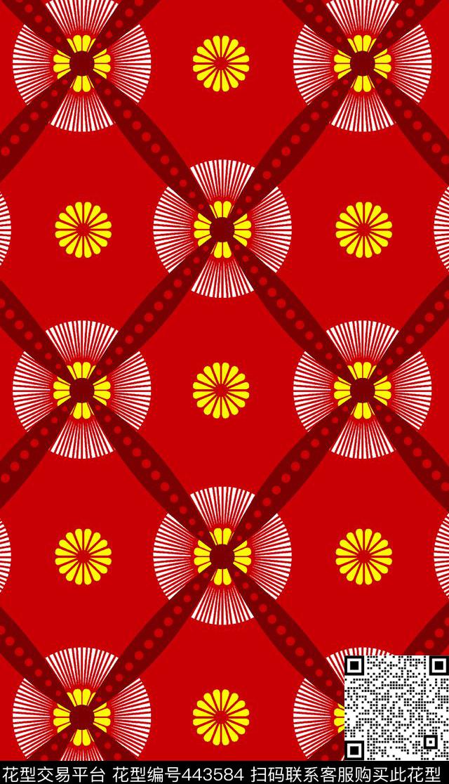 红底黄花 - 443584 - 红底 花卉 黄花 - 传统印花花型 － 女装花型设计 － 瓦栏