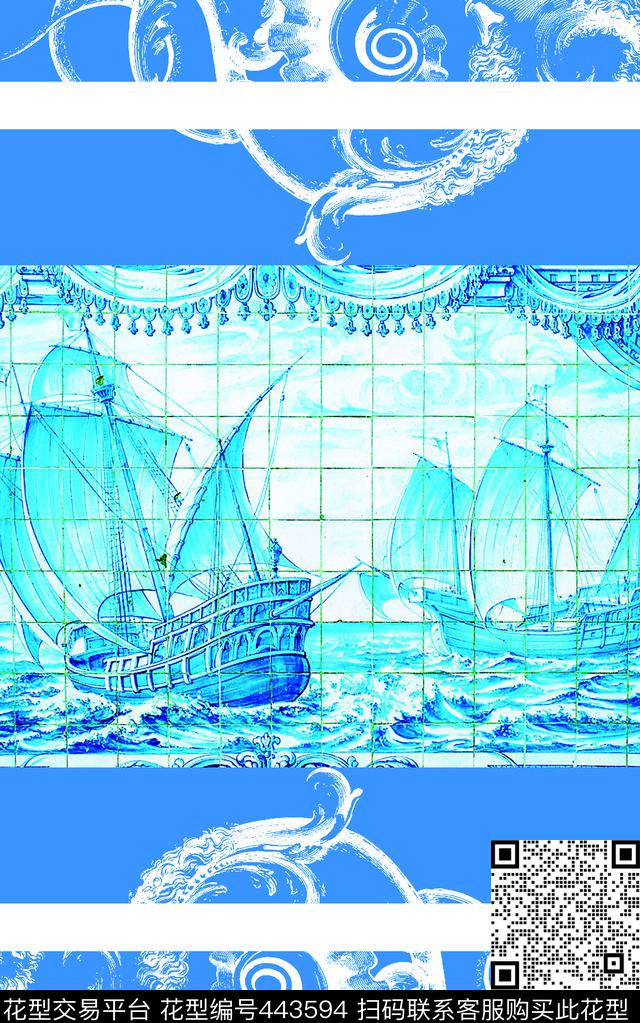 蓝色风暴帆船 - 443594 - 船帆船 蓝色 - 数码印花花型 － 女装花型设计 － 瓦栏