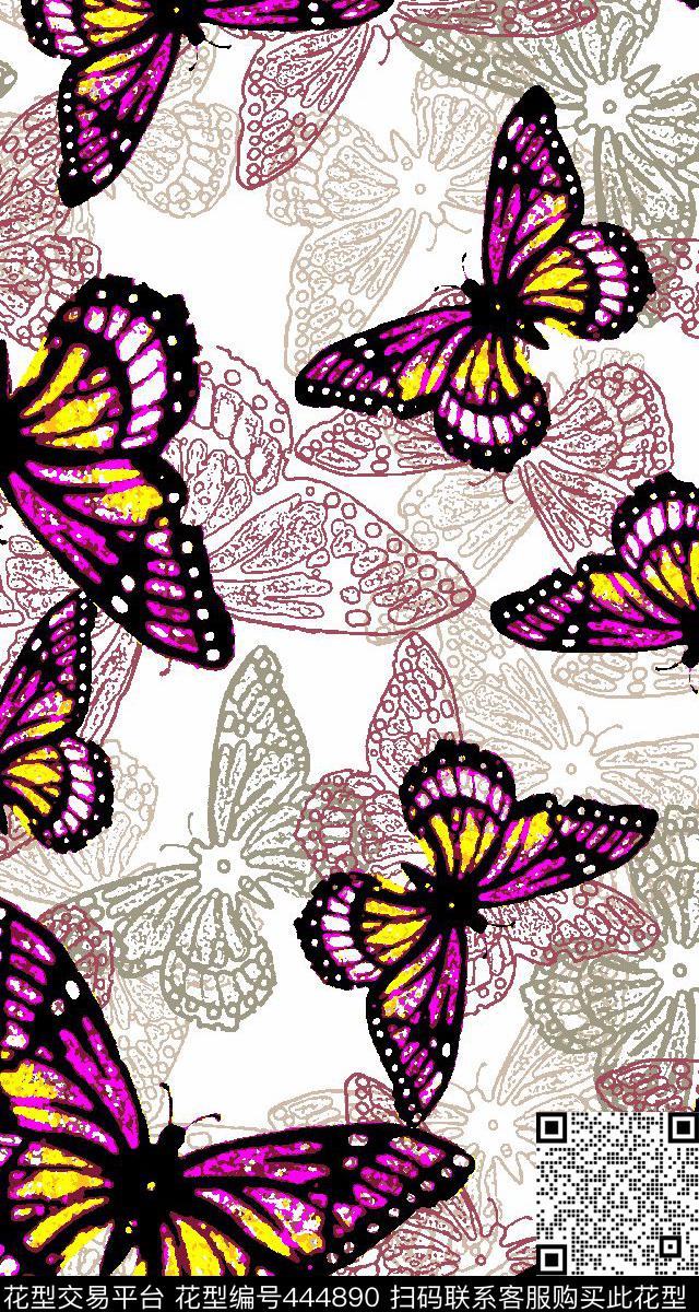 时尚大牌蝴蝶组合传统分色手绘男女装 - 444890 - 蝴蝶 手绘 时尚 - 传统印花花型 － 女装花型设计 － 瓦栏