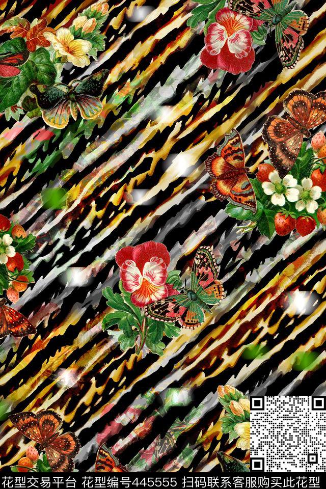 时尚大牌蝴蝶花卉动物纹肌理组合男女装 - 445555 - 蝴蝶 花卉 动物纹 - 数码印花花型 － 女装花型设计 － 瓦栏