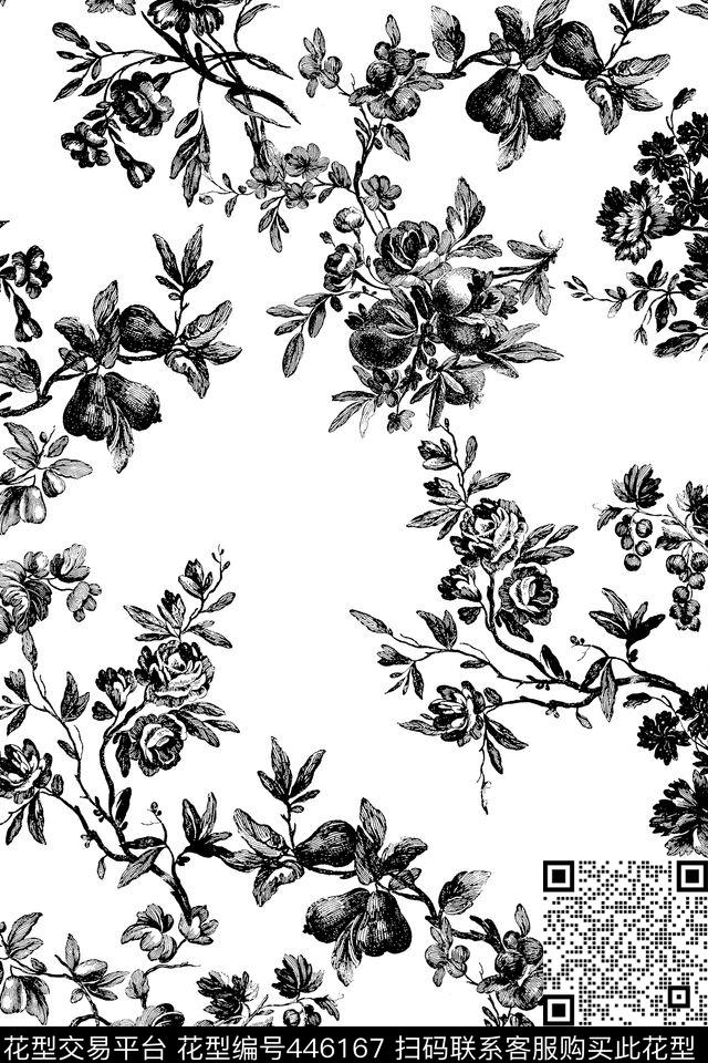 古典欧式花卉黑白色调女装衬衫家纺内衣提花传统花型 - 446167 - 衬衫 传统花型 古典 - 传统印花花型 － 女装花型设计 － 瓦栏