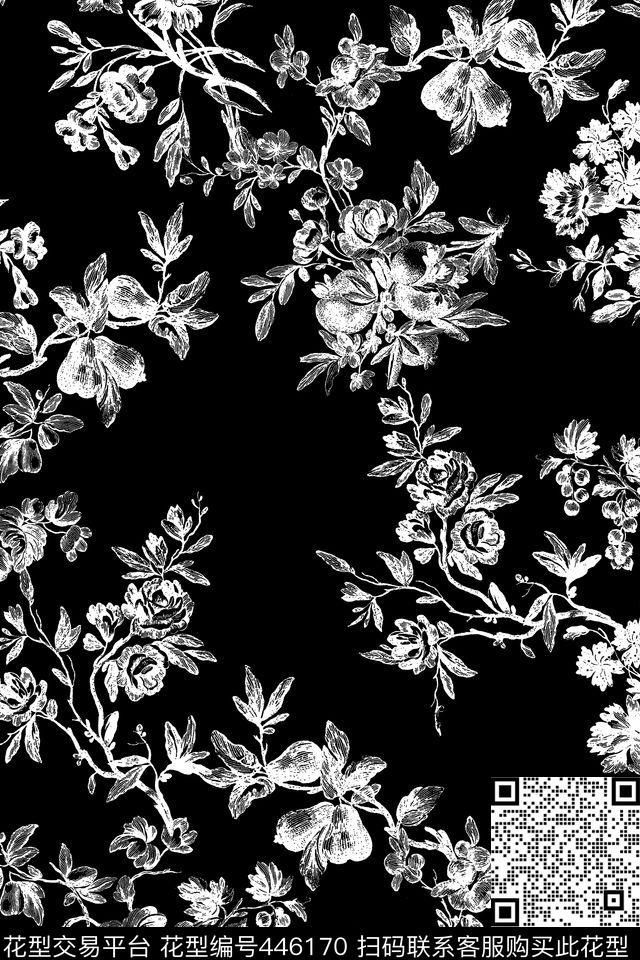 古典欧式花卉黑白色调女装衬衫家纺内衣提花传统花型 - 446170 - 花卉 古典 欧式花卉 - 传统印花花型 － 女装花型设计 － 瓦栏